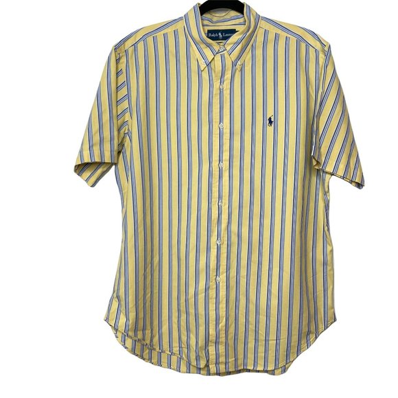 Ralph Lauren Yellow Blue Striped Short Sleeve Button Down Classic Fit Shirt L - Picture 1 of 12